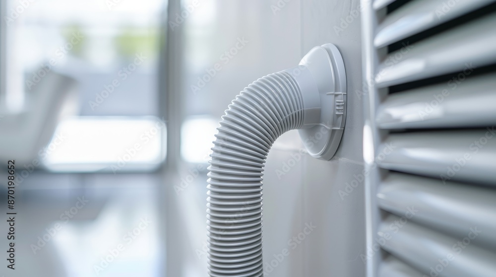 Hose from central vacuum system connected to wall inlet, sleek and detailed design, modern and clean environment, efficient and tidy Hose from central vacuum system connected to wall inlet, sleek and detailed design, modern and clean environment, efficient and tidy
