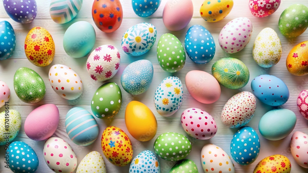 Vibrant pastel painted eggs arranged artfully on a crisp white surface, showcasing traditional Easter celebration theme in a stunning flat lay composition. Vibrant pastel painted eggs arranged artfully on a crisp white surface, showcasing traditional Easter celebration theme in a stunning flat lay composition.
