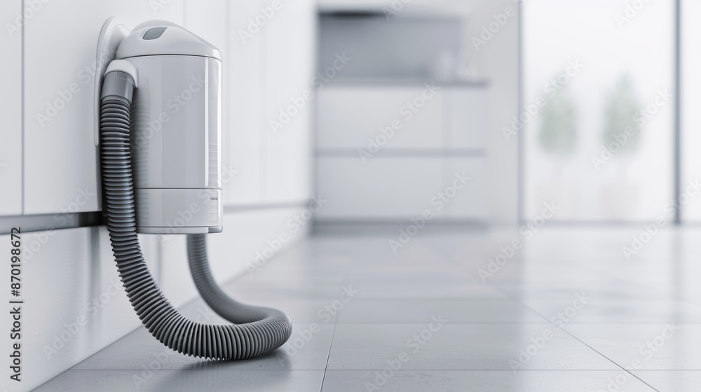 Hose from central vacuum system connected to wall inlet, sleek and detailed design, modern and clean environment, efficient and tidy Hose from central vacuum system connected to wall inlet, sleek and detailed design, modern and clean environment, efficient and tidy