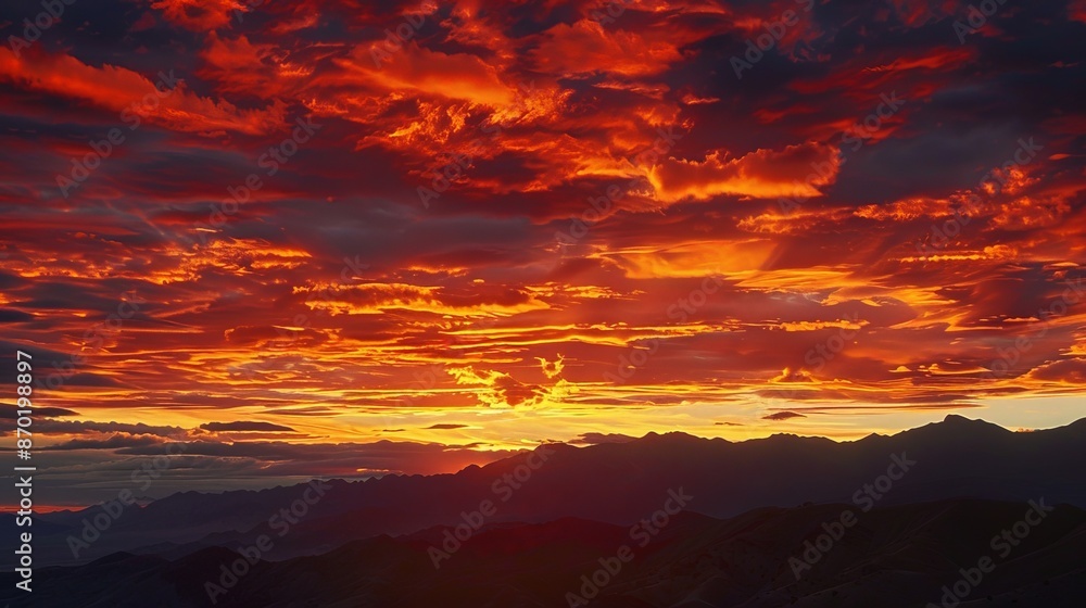 Fototapeta premium The dramatic colors of a sunset sky, with shades of red, gold, and violet, create a stunning natural painting that captivates the eye.