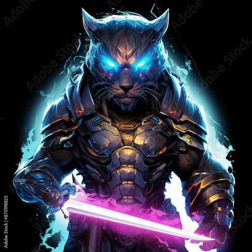 T-shirt design of a cyber-samurai panther, futuristic, fierce. Suitable for t-shirt or sticker ready to print. Animal character.[A-0001]