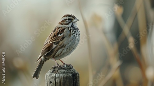 A close-up view captures the intricate details of a song sparrow (Melospiza melodia) perched on a post near Hauser Lake, Idaho. photo