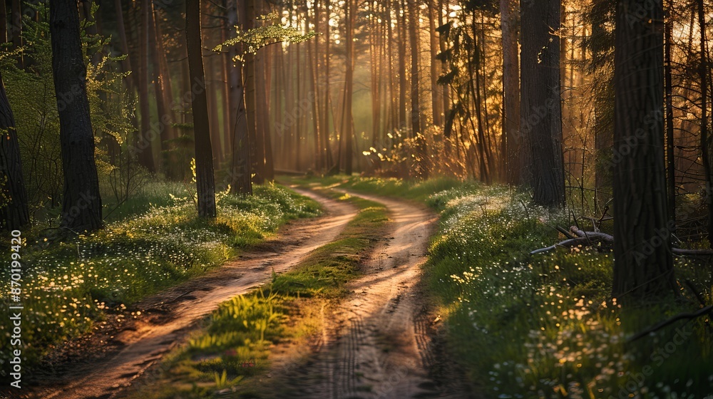 Fototapeta premium A dirt road winds through a spring forest, its path softened by the season's new growth.