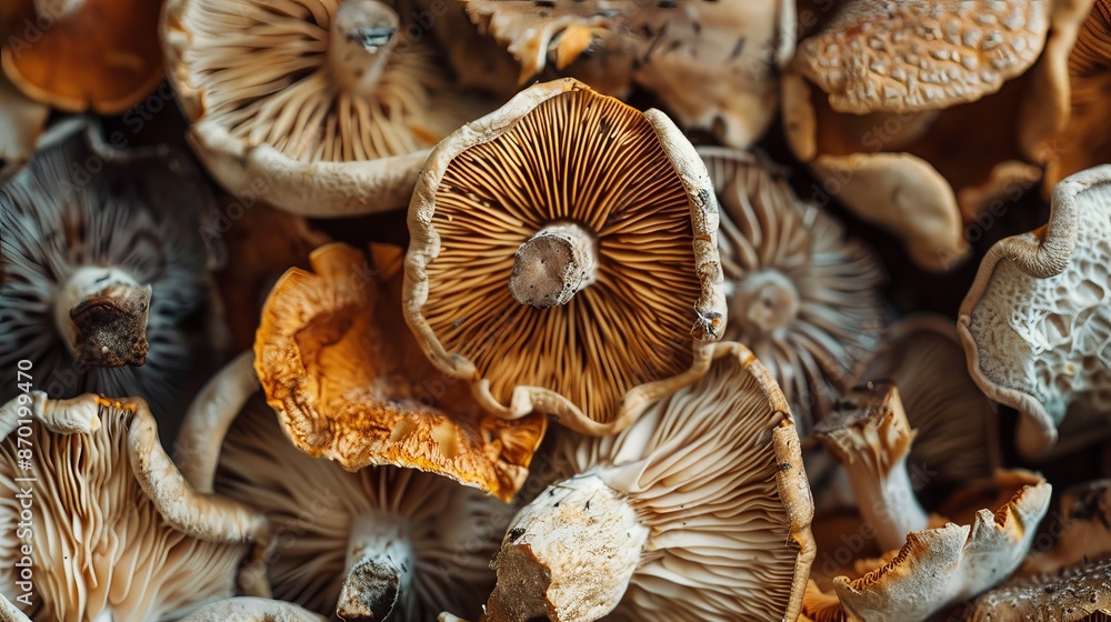 Dried mushrooms present a rustic and earthy appeal, showcasing their wrinkled texture and rich brown color. Dried mushrooms present a rustic and earthy appeal, showcasing their wrinkled texture and rich brown color.
