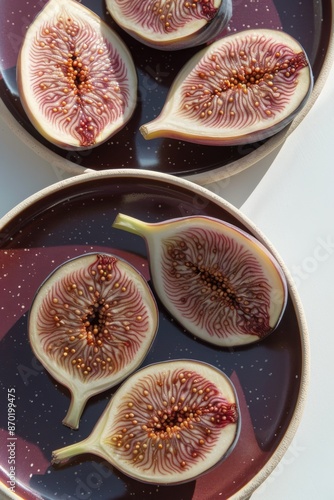 Fresh Figs on Speckled Plates With Autumnal Branch and Shadows