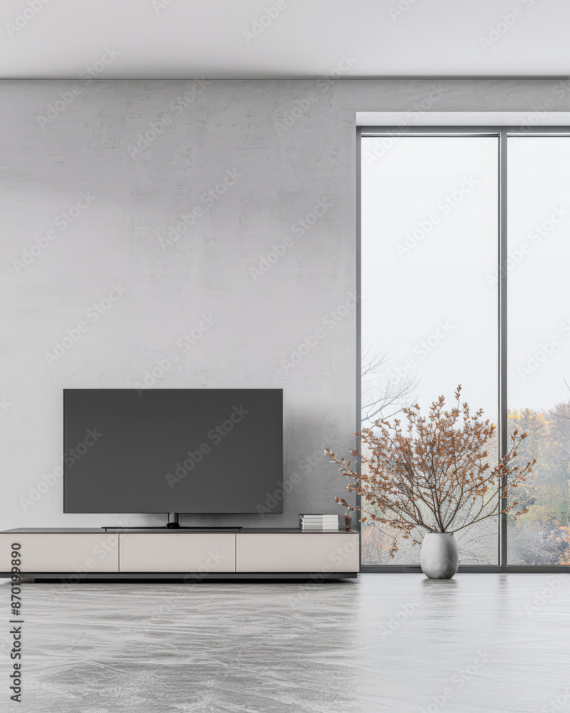 Fototapeta premium Minimalist living room interiors composition with a tv set, a sofa and a window providing natural lighting. Luxury Real Estate composition.