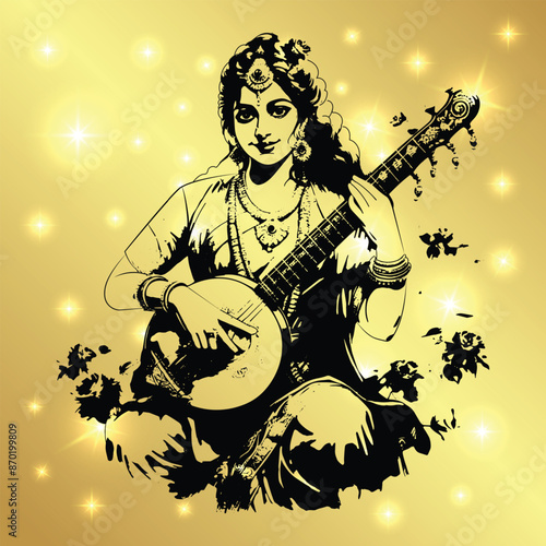 Sarasvati for happy Vasant Panchami Puja of India. vector illustration design Dark Background