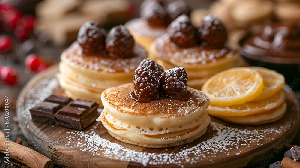 A wooden plate with chocolate and nut topped pancakes. A wooden plate with chocolate and nut topped pancakes.