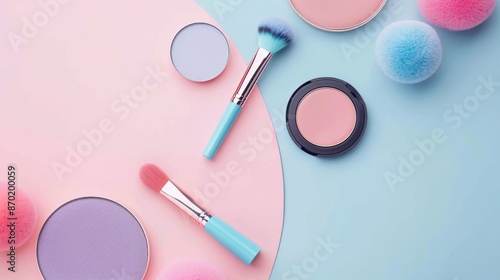 A selection of beauty products and makeup brushes laid out stylishly on a pink and blue split background, highlighting cosmetics