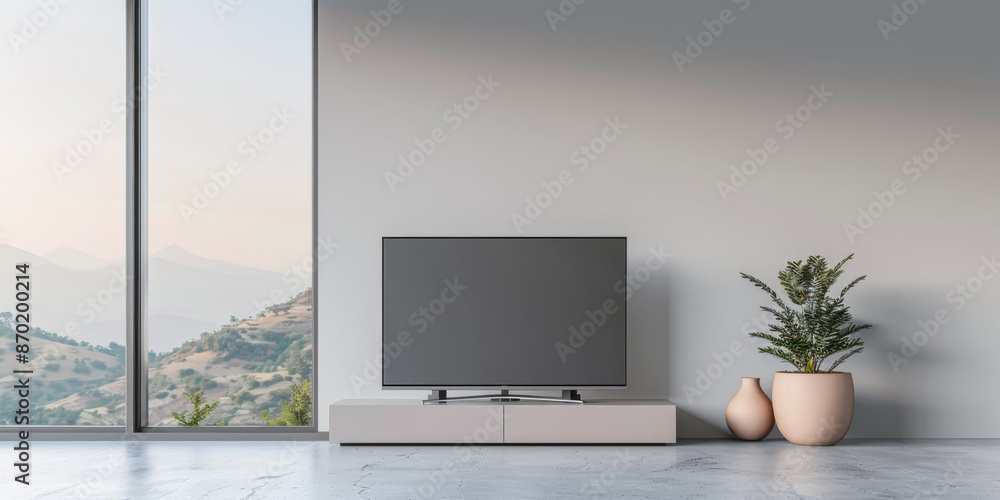 Fototapeta premium Minimalist living room interiors composition with a tv set, a sofa and a window providing natural lighting. Luxury Real Estate composition.