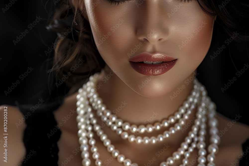 Close up portrait of beautiful woman wearing three white pearl necklaces isolated on black background, detailed illustration, high resolution photography, professional photograph, high definition, HDR Close up portrait of beautiful woman wearing three white pearl necklaces isolated on black background, detailed illustration, high resolution photography, professional photograph, high definition, HDR