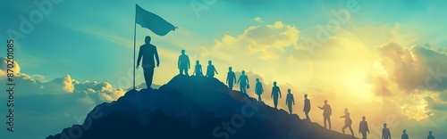 A man stands on a hill with a flag in his hand, leading a group of people