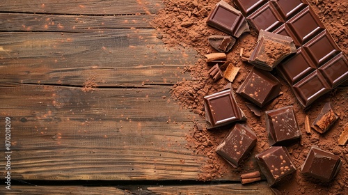 A piece of milk chocolate, rich in cocoa, rests elegantly on a rustic wooden surface. 