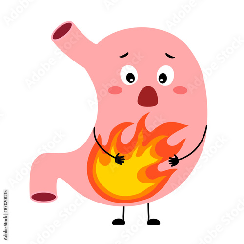 Unhealthy human stomach cartoon character suffering from pain. Acid reflux or heartburn.