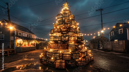 A Christmas tree made from lobster traps in Providencetown, Massachusetts. A tall box topped with a star, orange in the middle of the village. photo