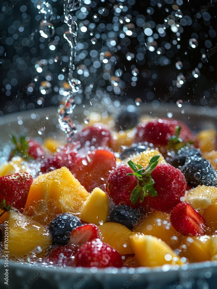 A Macro Shot of Assorted Fresh Berries Including Raspberries, Blueberries, Blackberries, and Tropical Fruits Like Mango and Papaya with Splashing Water, Creating a Refreshing and Colorful Display A Macro Shot of Assorted Fresh Berries Including Raspberries, Blueberries, Blackberries, and Tropical Fruits Like Mango and Papaya with Splashing Water, Creating a Refreshing and Colorful Display