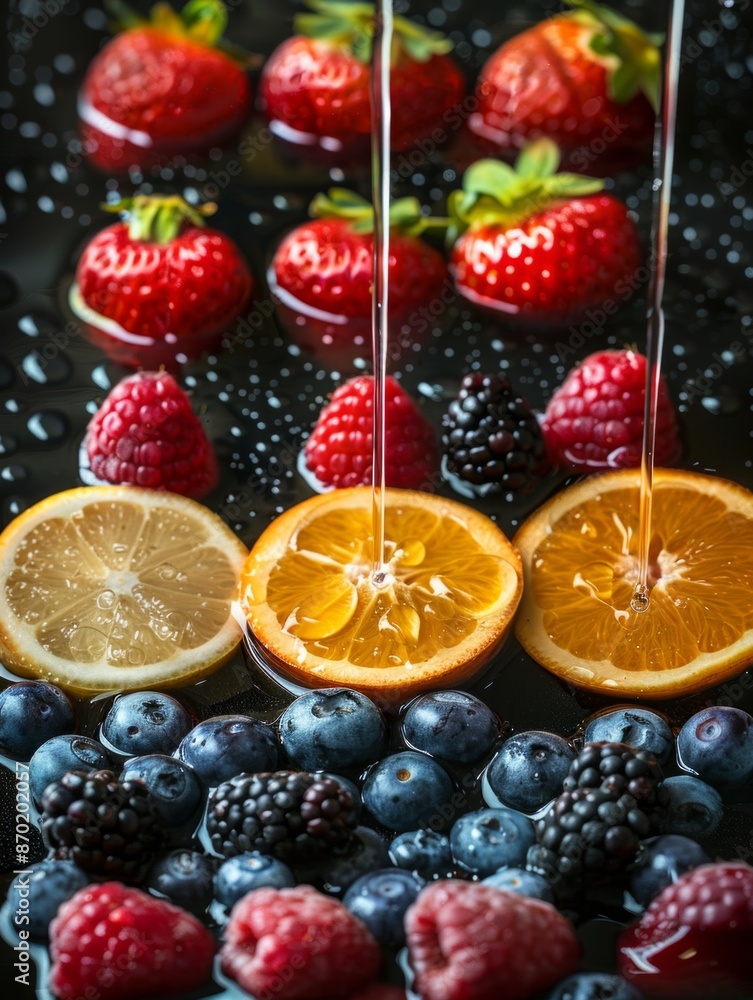 A Macro Shot of Assorted Fresh Berries Including Raspberries, Blueberries, Blackberries, and Tropical Fruits Like Mango and Papaya with Splashing Water, Creating a Refreshing and Colorful Display A Macro Shot of Assorted Fresh Berries Including Raspberries, Blueberries, Blackberries, and Tropical Fruits Like Mango and Papaya with Splashing Water, Creating a Refreshing and Colorful Display
