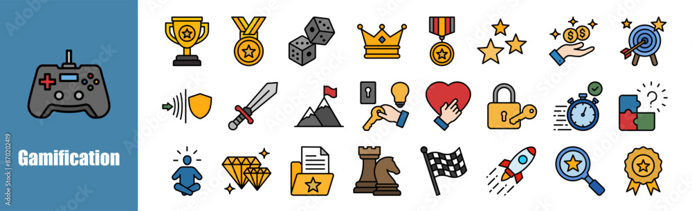 Gamification icon set for design elements,technology, engagement, strategy, game, motivation Gamification icon set for design elements,technology, engagement, strategy, game, motivation