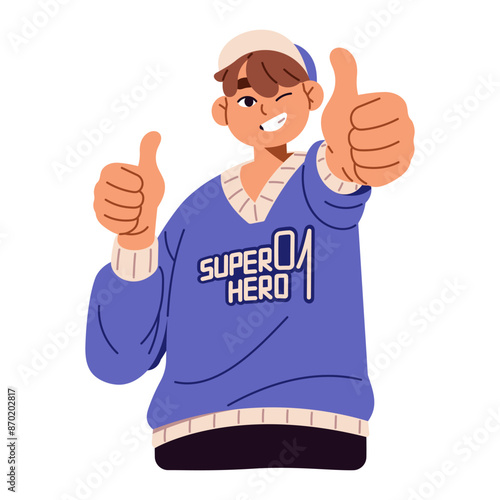 Happy boy shows thumbs up and winks. Young man with positive emotions hands gesturing approval sign. Person with cheerful facial expression. Flat isolated vector illustration on white background
