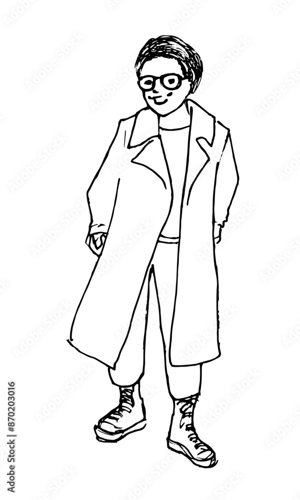コートを着ている女性の線画イラスト コートを着ている女性の線画イラスト