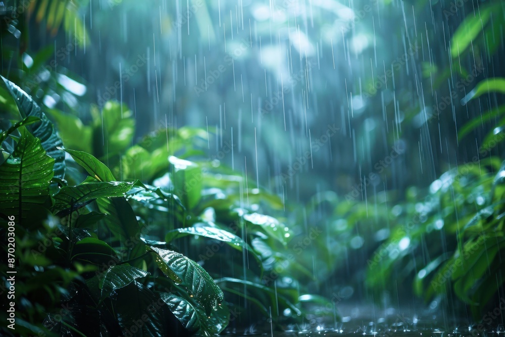 Obraz premium Gentle rainforest rain falls, its drops blending seamlessly into the lush, minimalist foliage.