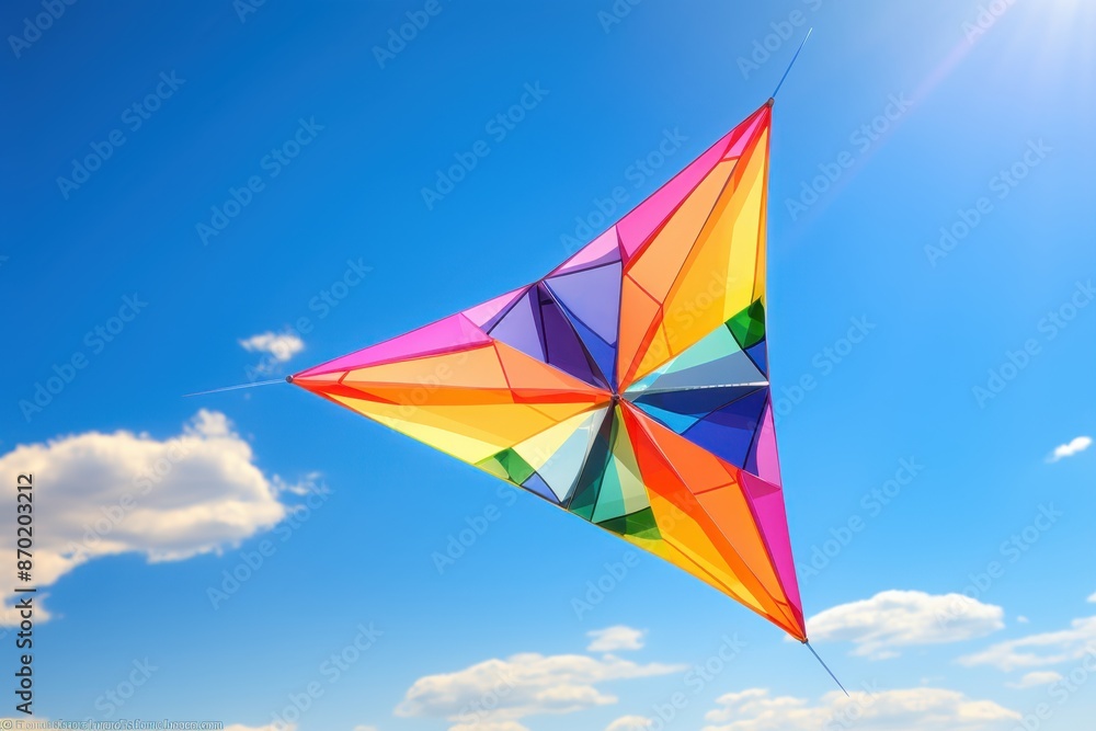 A colorful kite soaring against a clear, blue sky with simple, minimalistic design. Focus on the kite's vibrant patterns and clean lines. A colorful kite soaring against a clear, blue sky with simple, minimalistic design. Focus on the kite's vibrant patterns and clean lines.