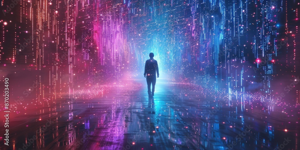 Person Walking Through a Neon, Futuristic Digital Fantasy World Person Walking Through a Neon, Futuristic Digital Fantasy World