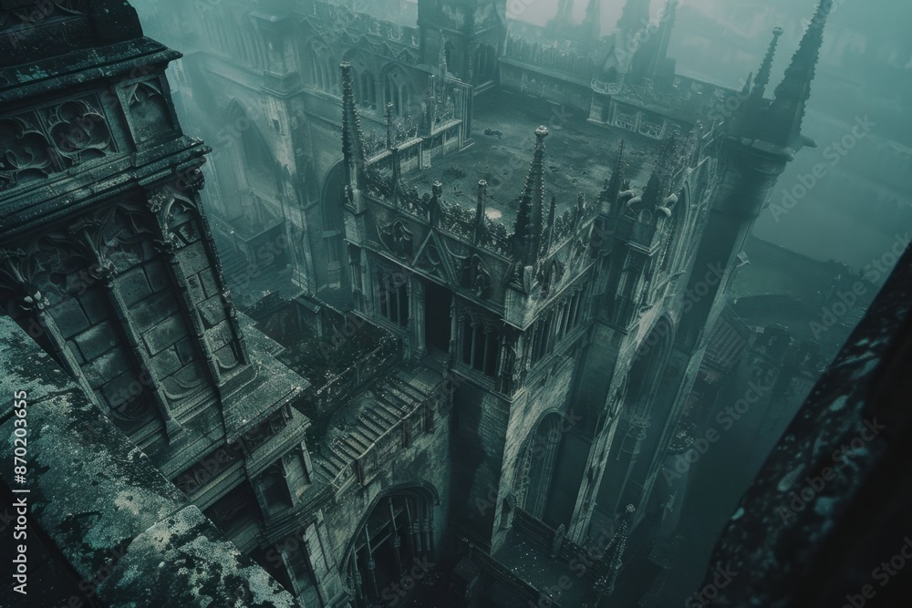 Dark, imposing architecture of a gothic mansion with intricate details and shadowed corners, captured in a minimal, top-down perspective. Dark, imposing architecture of a gothic mansion with intricate details and shadowed corners, captured in a minimal, top-down perspective.
