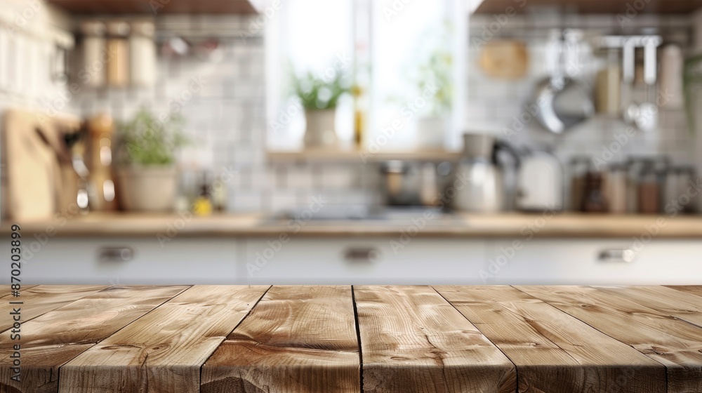 Empty Wooden Table On A Blurred Kitchen Accessories Background, Copy Space