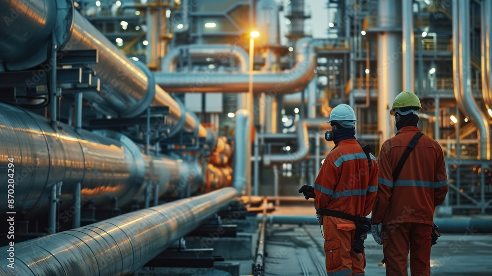 Engineers Inspecting Industrial Pipelines - Engineers in safety gear inspecting large industrial pipelines at a refinery during twilight hours. Engineers Inspecting Industrial Pipelines - Engineers in safety gear inspecting large industrial pipelines at a refinery during twilight hours.
