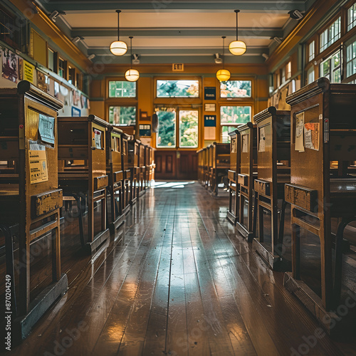 Wallpaper Mural A classroom with no students, featuring wooden floors and windows. Torontodigital.ca