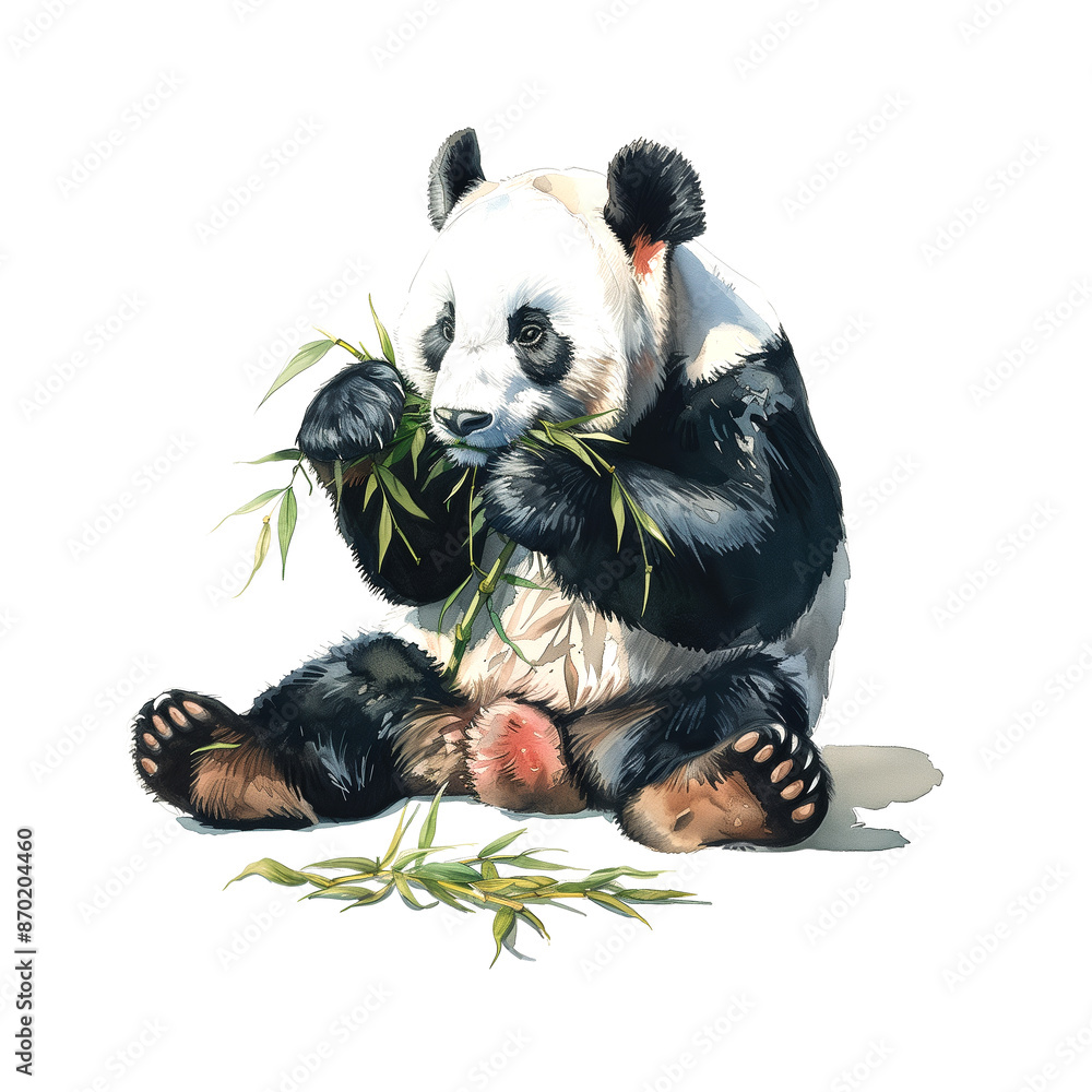 Naklejka premium Watercolor illustration of panda eating bamboo grass on white background