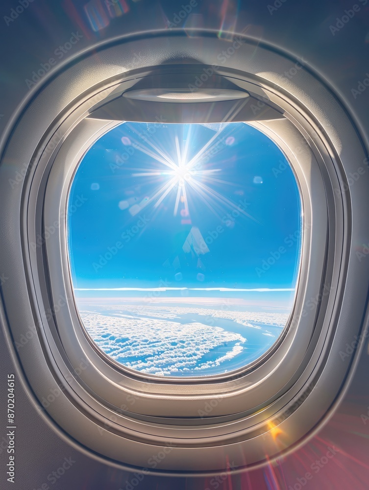 Sunlit airplane window view of sky and clouds scene. Sunlit airplane window view of sky and clouds scene.