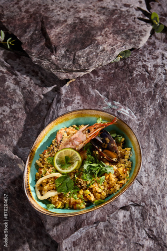 Asian-Style Seafood Chahan Fried Rice on Stone Background Vibrant Culinary Stock Photo photo