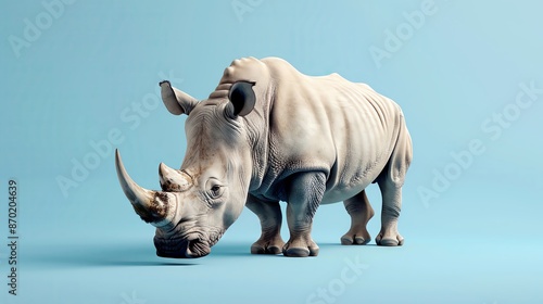 A detailed image of a white rhino standing on a light blue background, showcasing its distinctive horn and textured skin.