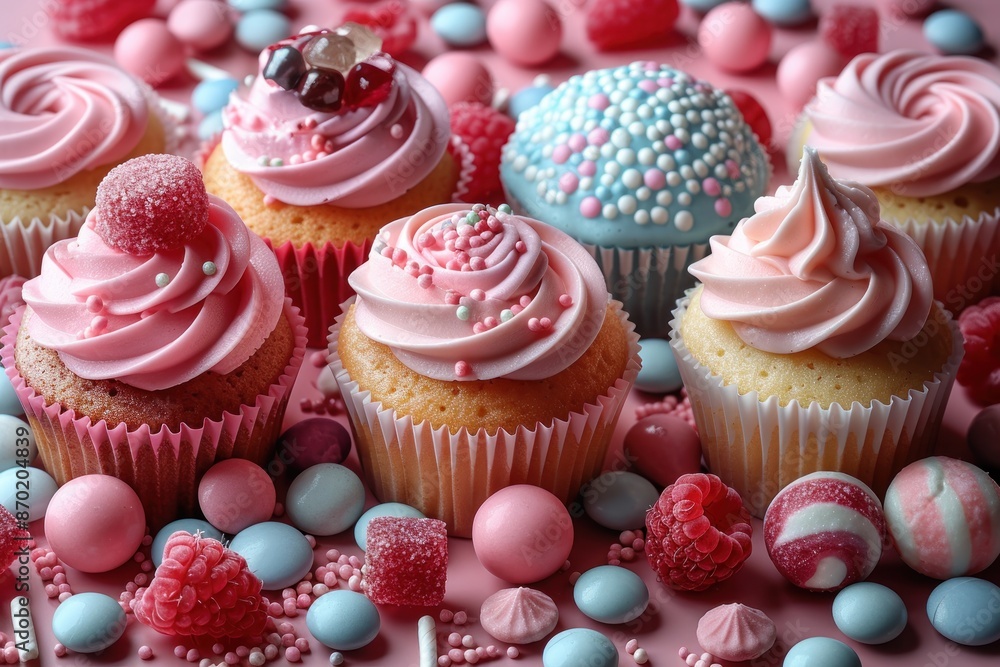 Pink and Blue Cupcakes Surrounded by Candy Pink and Blue Cupcakes Surrounded by Candy