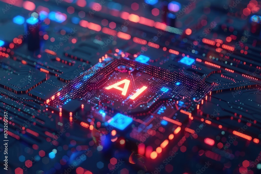 AI circuit board with glowing red and blue lights AI circuit board with glowing red and blue lights