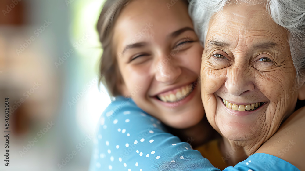 A young woman smiles joyfully while embracing her elderly grandmother. Both women have genuine, heartwarming smiles. A young woman smiles joyfully while embracing her elderly grandmother. Both women have genuine, heartwarming smiles.