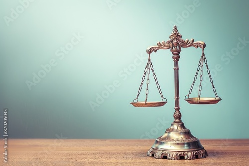 Elegant bronze scales of justice on wooden surface. photo