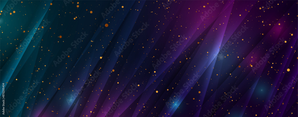 Bright blue violet glossy glowing abstract background with golden particles. Vector design Bright blue violet glossy glowing abstract background with golden particles. Vector design