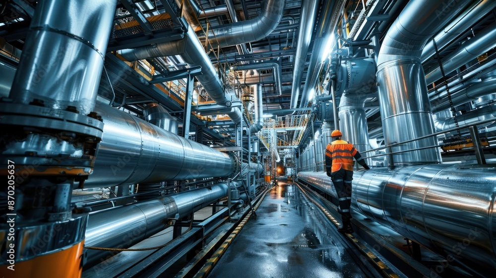 Industrial Engineer Walking Through Pipeline Network - Industrial engineer in safety gear walking through a network of large pipelines in a facility. Perfect for themes of industry, engineering, and i Industrial Engineer Walking Through Pipeline Network - Industrial engineer in safety gear walking through a network of large pipelines in a facility. Perfect for themes of industry, engineering, and i