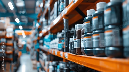 Close-up view of industrial product bottles on shelves in a warehouse. Focus on the front row, background shelves blur for depth. © Atchariya63