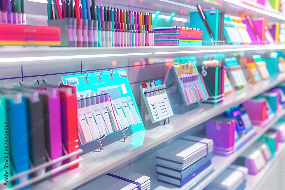 A futuristic stationery store featuring shelves lined with holographic notebooks, pens, and organizers in a spectrum of colors and designs. A futuristic stationery store featuring shelves lined with holographic notebooks, pens, and organizers in a spectrum of colors and designs.