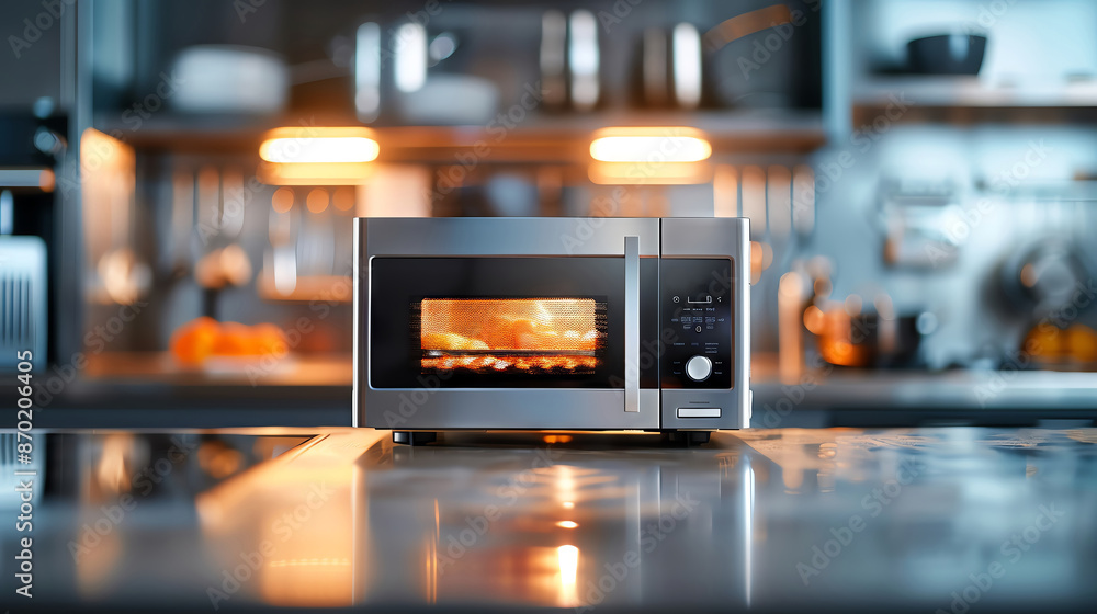 Modern kitchen interior with a sleek black microwave oven on a countertop, illuminated by under-cabinet lighting. Modern kitchen interior with a sleek black microwave oven on a countertop, illuminated by under-cabinet lighting.
