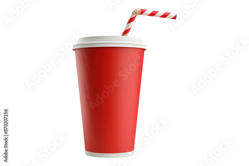 Red paper cup with drinking straw isolated on transparent background