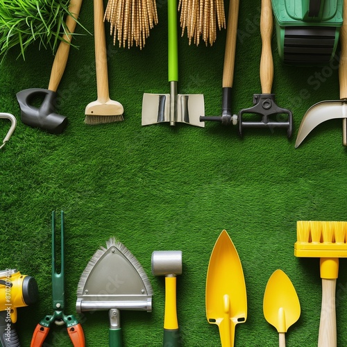 Flat lay composition with gardening tools and plants on green grass, Set of gardening supplies on green grass photo