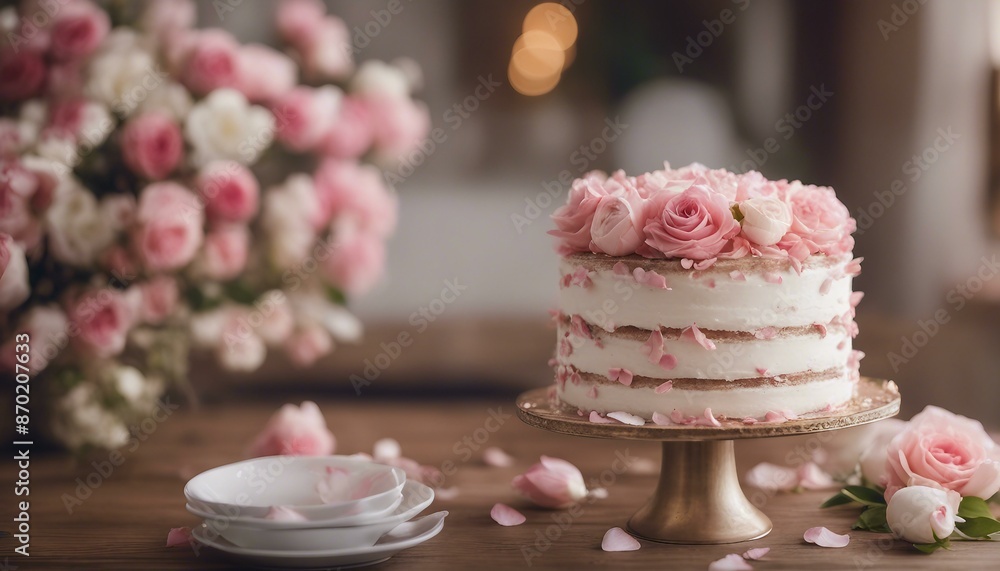 A multi-layered pink and white flower adorned cake on a wooden table with 12 rose petals scattered around it. A multi-layered pink and white flower adorned cake on a wooden table with 12 rose petals scattered around it.
