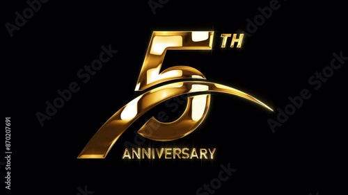 5th Golden Anniversary Celebration with Swoosh. Happy 5 Years Anniversary Animation in Gold Color on the Transparent Background, Alpha Channel. Great for greetings, celebrations, events, and gifts.
