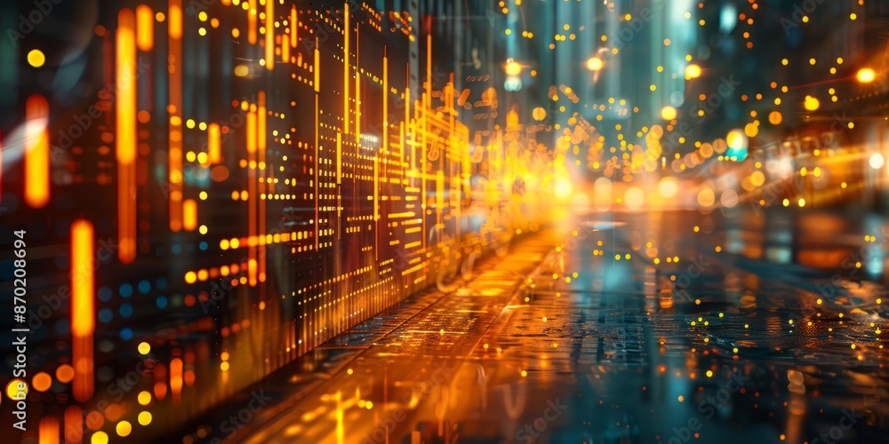 Fototapeta premium Abstract Cityscape with Digital Data Overlay in Neon Lights