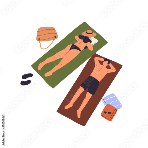 Happy couple in swimsuits sunbathing on beach together. People relax on summer holidays. Man and woman lying on blanket, have a rest on sea vacations. Flat isolated vector illustration on white